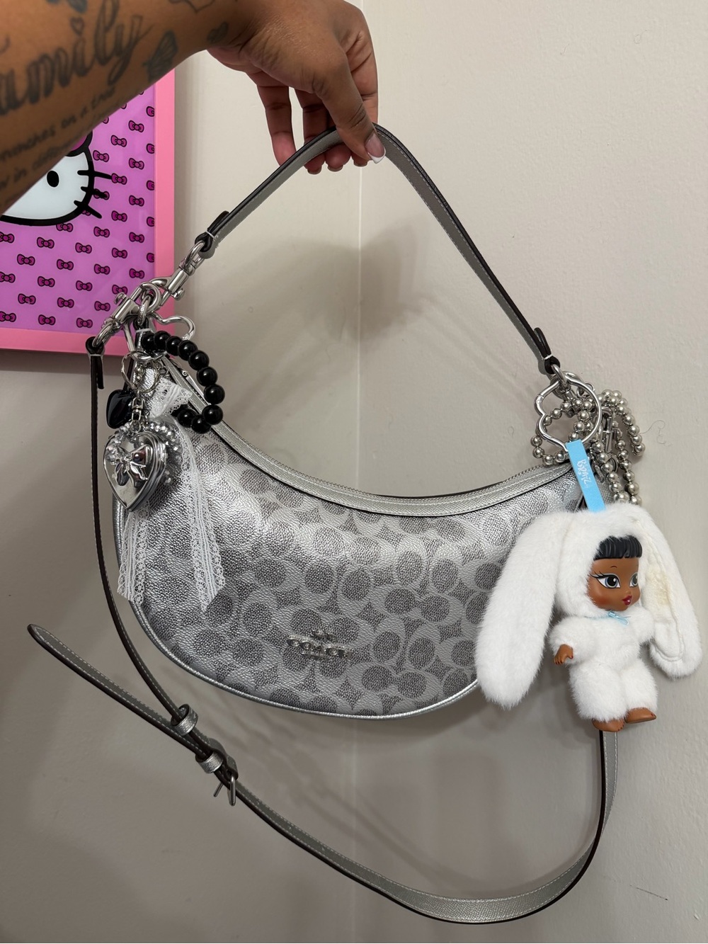 Coach Silver Signature Crescent Shoulder Bag with Plush Charm - Picture 2 of 7
